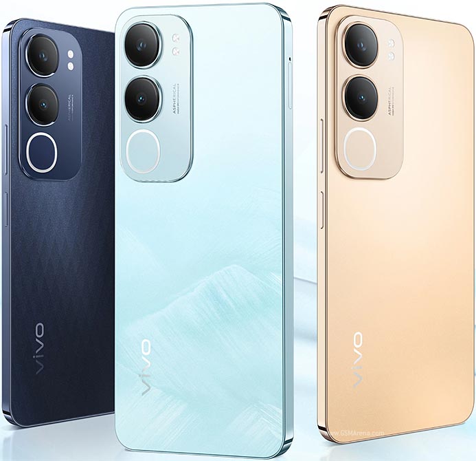 GSMArena render of three vivo backs in navy, ice blue and gold, not the Kenyan Noble Brown or Elegant White